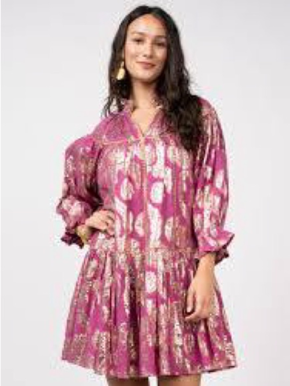 Uncle Frank Pink Metallic-Print Tiered V-Neck Mini Dress